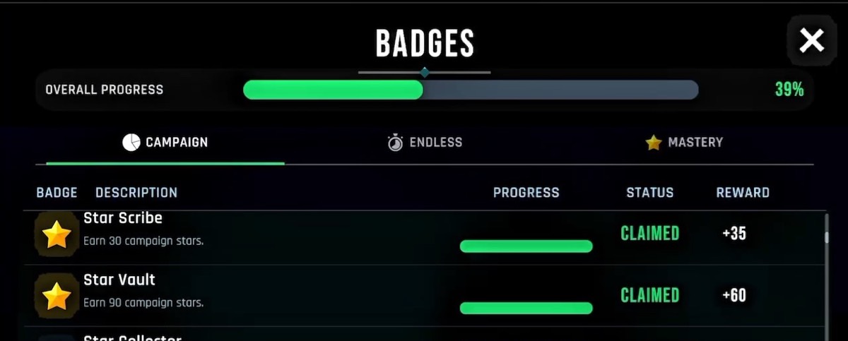 The badges screen at 39% overall progress, with campaign, endless and mastery tabs