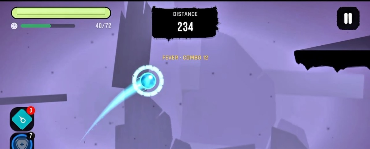 An endless run at Fever with a combo of 12, the orb trailing cyan light down the corridor