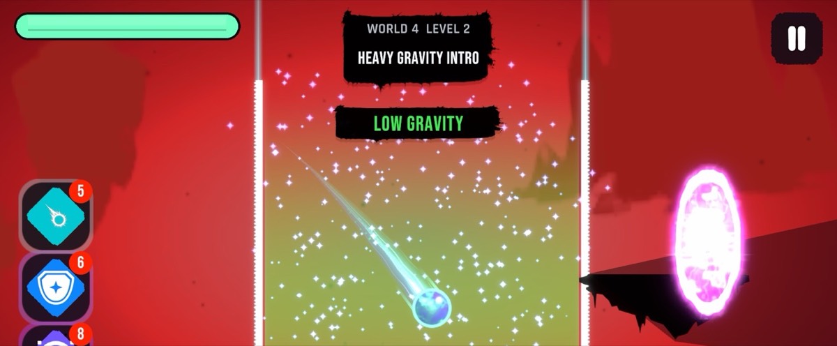 The orb streaks through a low-gravity zone toward a glowing portal on the right