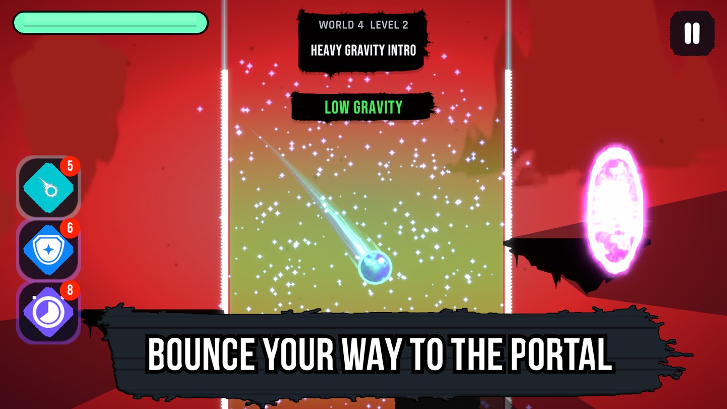 The orb streaks toward a glowing portal in a low-gravity crimson chamber