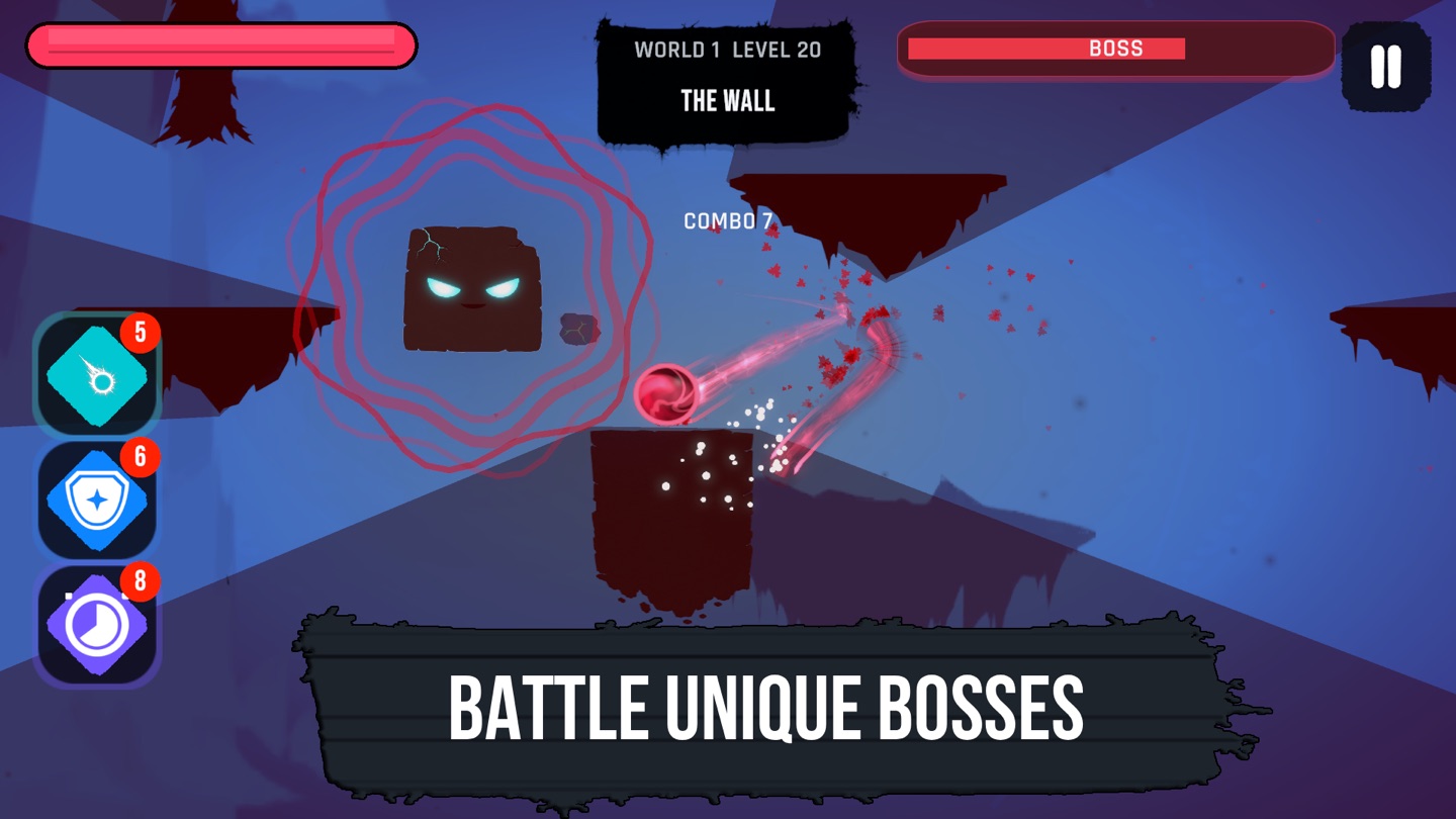 A shielded boss block, The Wall, takes a hit from the orb