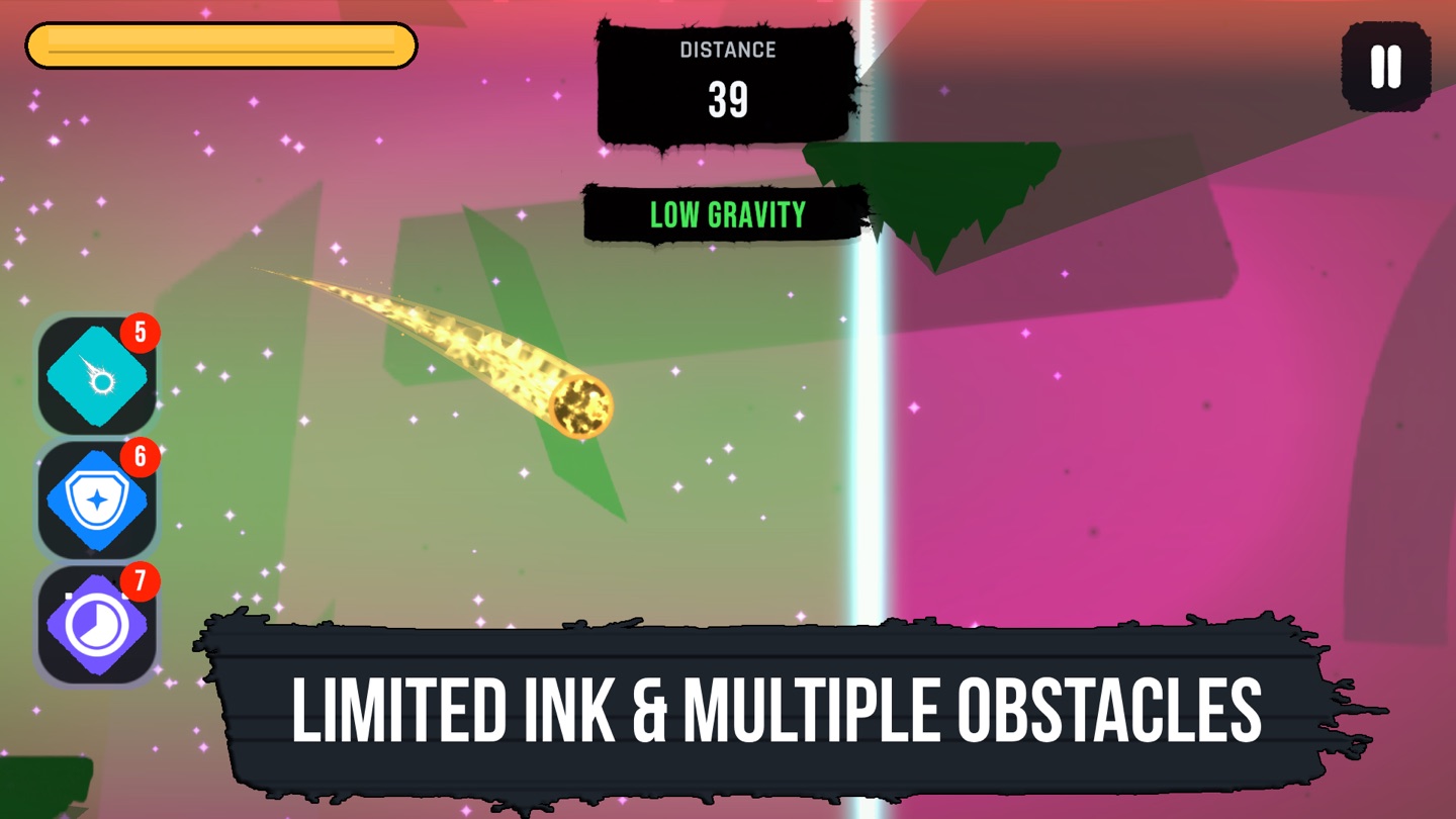Limited ink and shifting obstacles in a low-gravity endless run