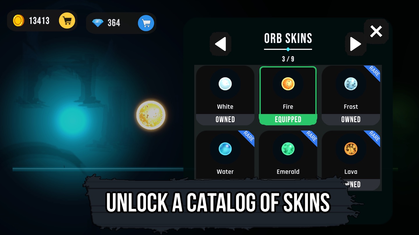 The skins menu, where a large collection of unlockable orb skins can be equipped