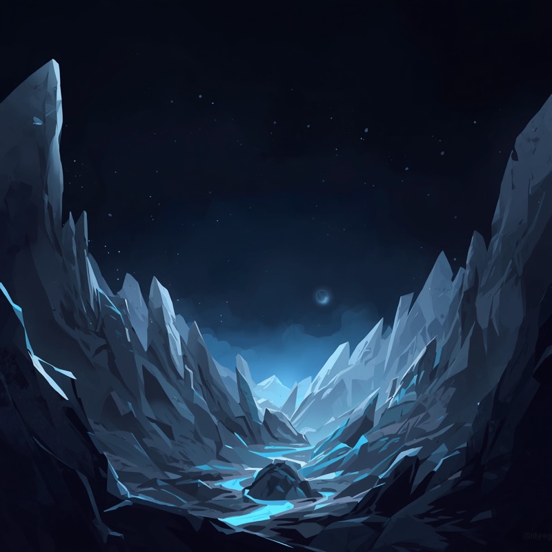 Ice Valley: a moonlit canyon of blue-lit glaciers and a frozen river running through it