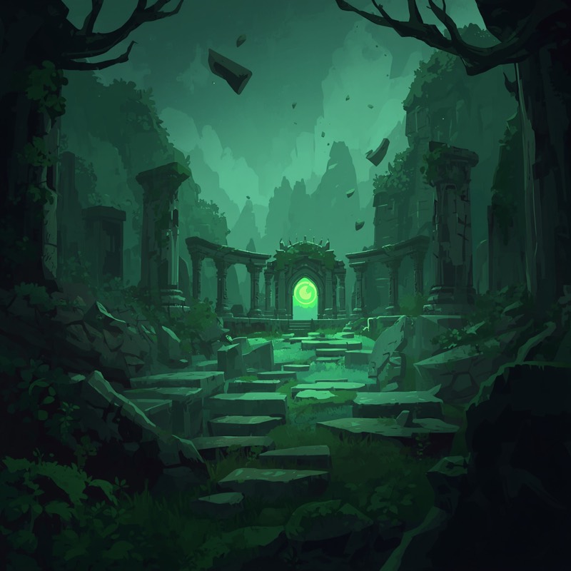 Ancient Grove: ivy-swallowed stone ruins and broken steps climbing to a glowing green archway