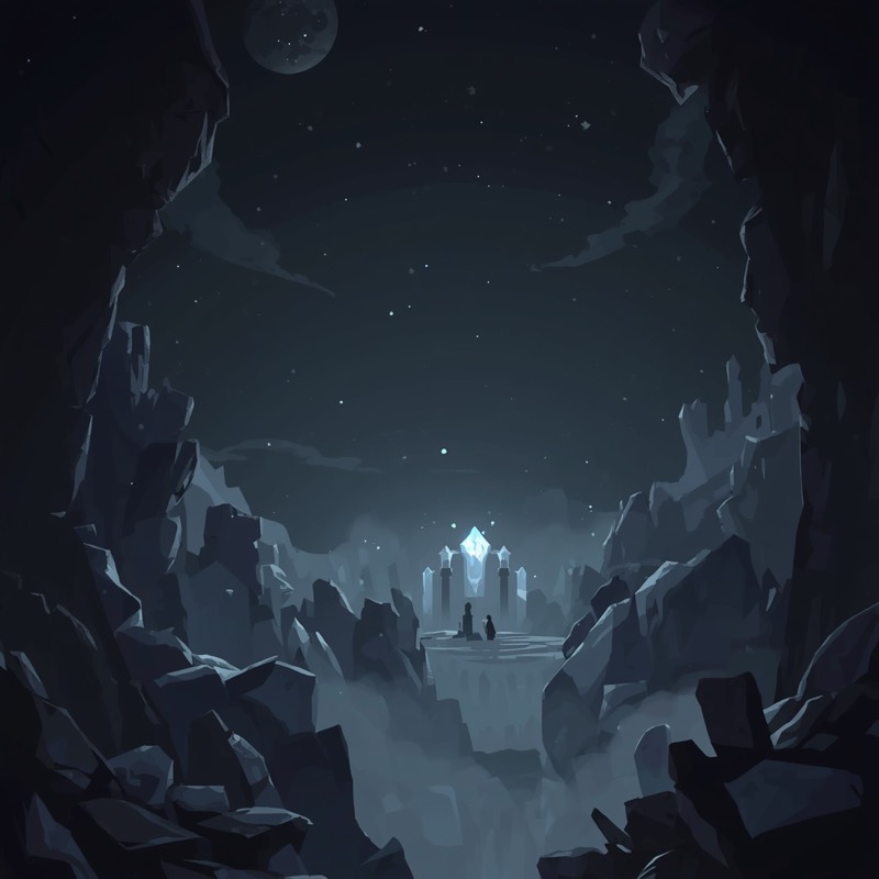 Frost Shrine: a pale crystal shrine on a lone rock platform, deep in a moonlit ravine
