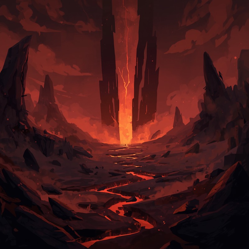 Ashen Rift: a scorched basin split by rivers of lava beneath a burning monolith