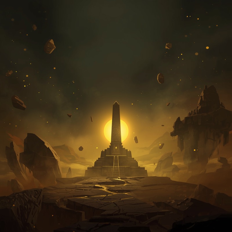 Sun Temple: an obelisk on a stepped pyramid, silhouetted against a low golden sun as rubble floats past